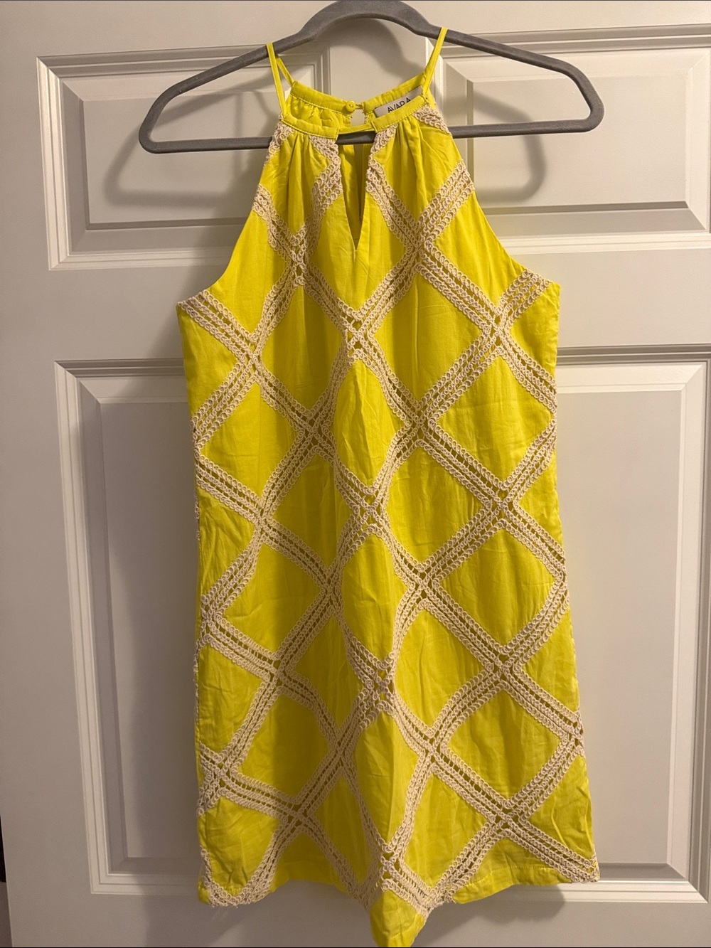 Yellow Crochet-Trim Mini Halter Dress